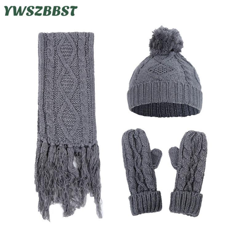 

New Autumn Winter Women Scarf Hat Glove Sets Knitted Women Men Neck Scarf Warm Cap Gloves Unisex Outdoor