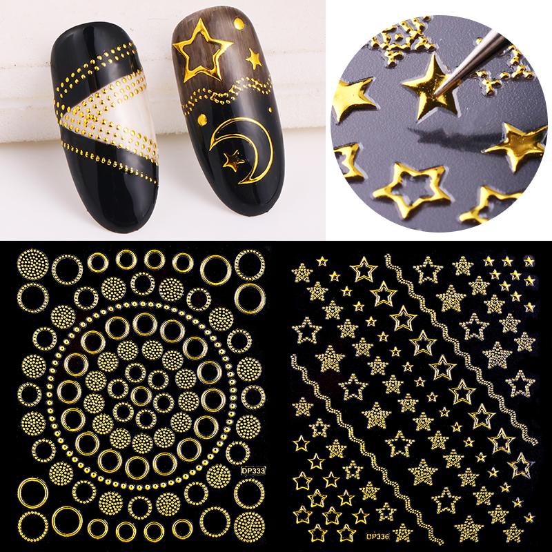 

Gold Metal 3D Nail Sticker Geometric Moon Star Stripes Wave Line Patterns Nail Art Decals Decoration DIY Design Accessories