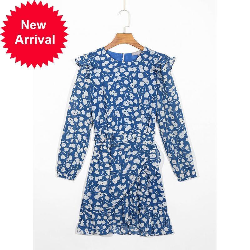 

Autumn 2021 New Female Fashions Chiffion Frilly Printed Blue Long-sleeve Sexy Designer Holiday Dress Party Clothes WFNI