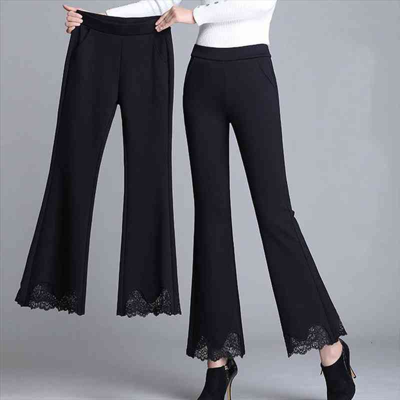 

womens pants bell-bottom pants lace womens korean-style stretch slimming mom black cropped trousers, Black;white