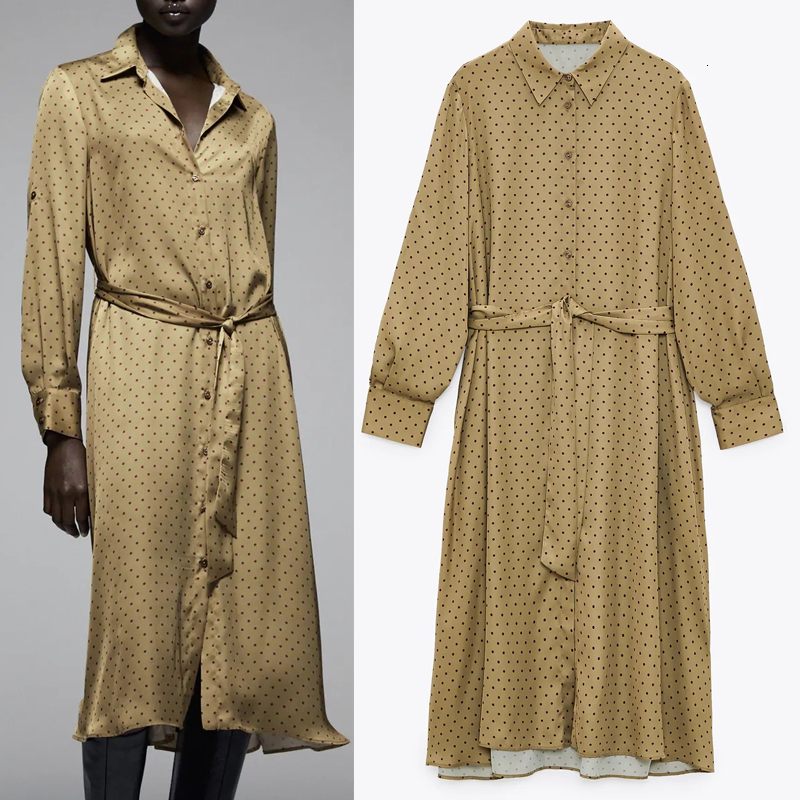 

2021 New Polka Dot Satin Women Lapel Collar Long Sleeve Shirt Midi Dress Woman Fashion Tied Belt Button Up Casual Dresses Sfly