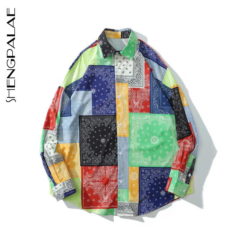 

SHENGPALAE 2020 Autumn New Hip Hop Long Sleeve Print Shirt Women's Blouse Contrasting Square Large Size Single Breasted Shirt, Flower