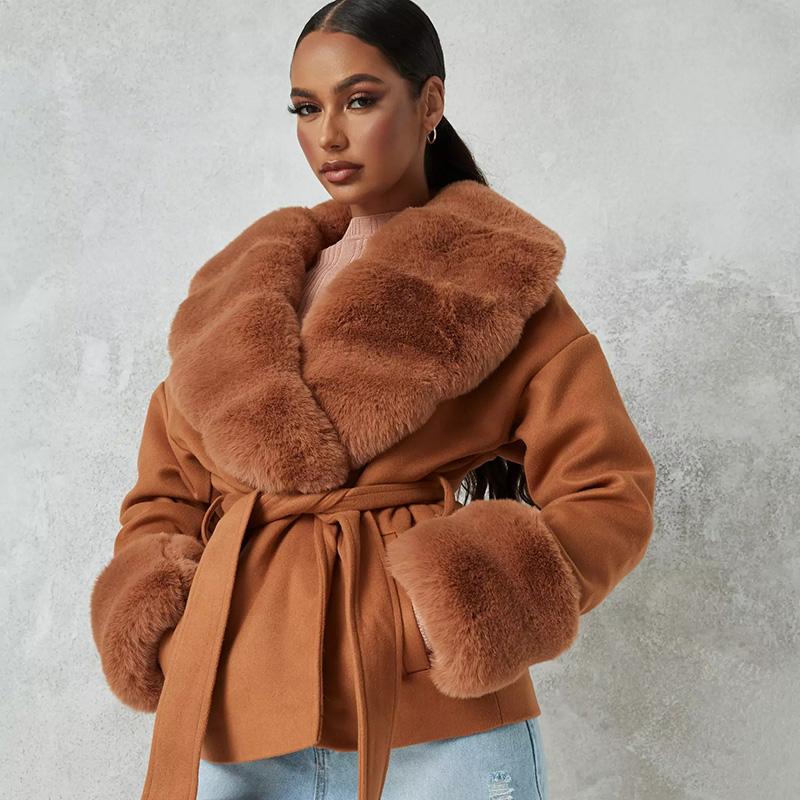 

Katara Fashion Autumn Winter Tie Belt Wool Coats Women Elegant Faux Fur Patchwork Jackets Women Casual Slim Coats Ladies, Khaki