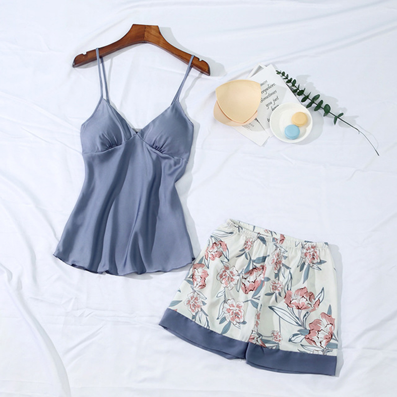 

2021 New Sexy Summer Pajamas Impression Spaghetti Straps Female Sleepwear Sleeveless Ladies'shorts Down Homewear Yu12, Blue