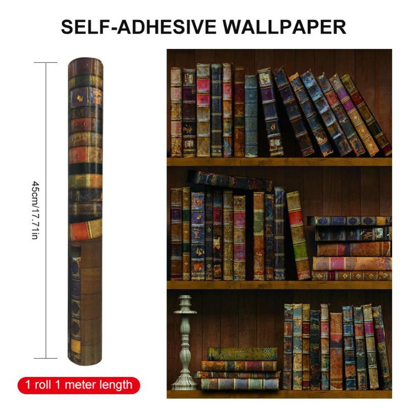 

1M Modern Living Room Furniture Desktop Waterproof Wallpaper Retro Bookshelf Pattern Self-adhesive Contact Paper Home Decoration, As shown