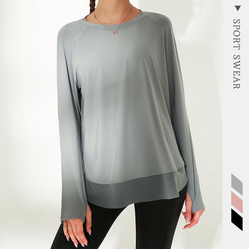 

Women' hem and mesh loose sports T-shirt Yoga sportswear long sleeve solid color running fitness suit Yoga suit1