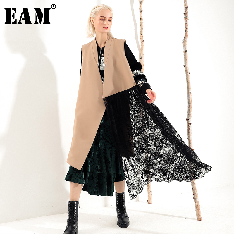 

[EAM] Women Loose Fit Irregular Lace Split Joint Long Vest New V-collar Sleeveless Fashion Tide Spring Summer JK594 210204, Printed