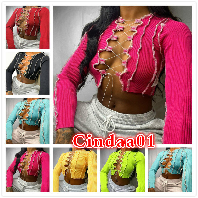 

Sexy Women Top Designer Strap Fold Split Fork Breast T-shirt Wrapping Long Sleeve Blouse Fashion Casual Shirts Solid Color 2021, Yellow