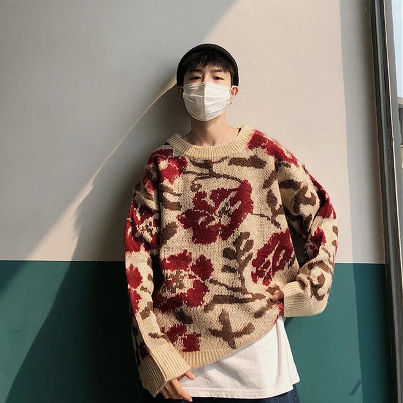 

Sweater Male 2020 Spring Autumn Casual Men Fashion Pullover O-Neck Sweaters Loose Print Black Creamy-White Mens Clothing XY5039