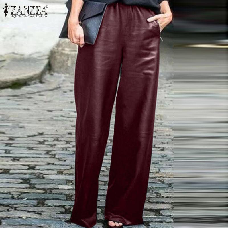 

Fashion PU Leather Trousers Women Wide Leg Pants ZANZEA 2020 Casual Elastic Waist Long Pantalon Female Black Turnip Plus Size, Army green