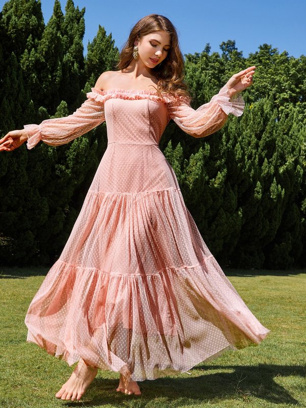 

Flounce Sleeve Off Shoulder Ruffle Hem Dobby Mesh Dress SHE, Baby pink