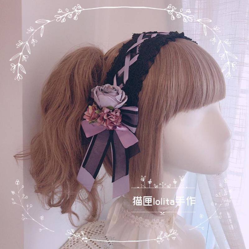 

Girl Black Purple Gorgeous Handmade custom lolita Headband Lace Bowknot Side clip Headwear Vintage Party Cosplay Accessories1