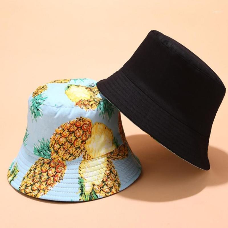 

European And American New Tropical Print Fruit Pattern Fisherman Hat Female Summer Outdoor Sports Shade Hat1, Dark blue pineapple