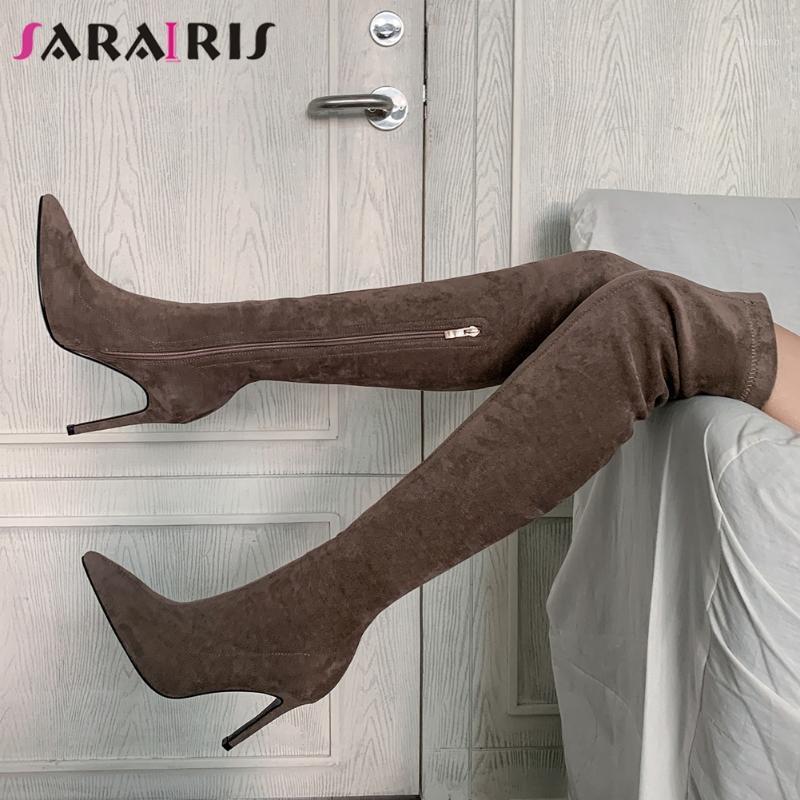 

SARAIRIS Flock Solid Female Over The Knee Boots Pointed Toe Thin High Heels With Zip Boots Women 2020 Concise Shoes Woman1, Black