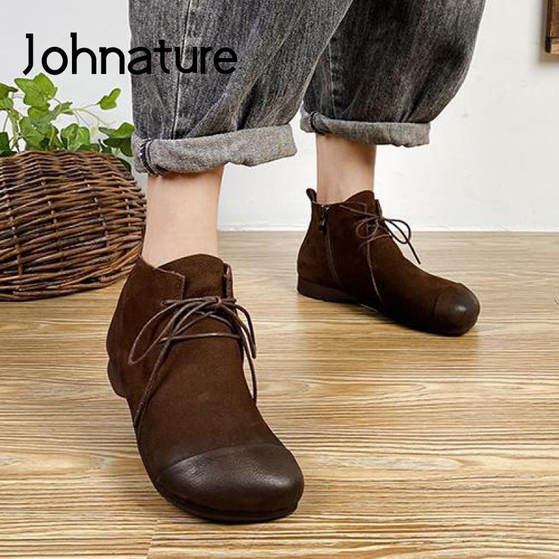 

Johnature Platform Boots Women Shoes Genuine Leather 2020 New Autumn Lace-up Round Toe Flat With Sewing Ankle Women Boots, Dark khaki
