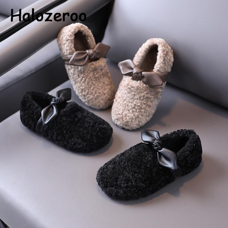 

Winter Kids Fur Shoes Children Bow Dress Flats Baby Girls Black Slip On Shoes Soft Brand Loafers Sweet Princess Moccasin 2020