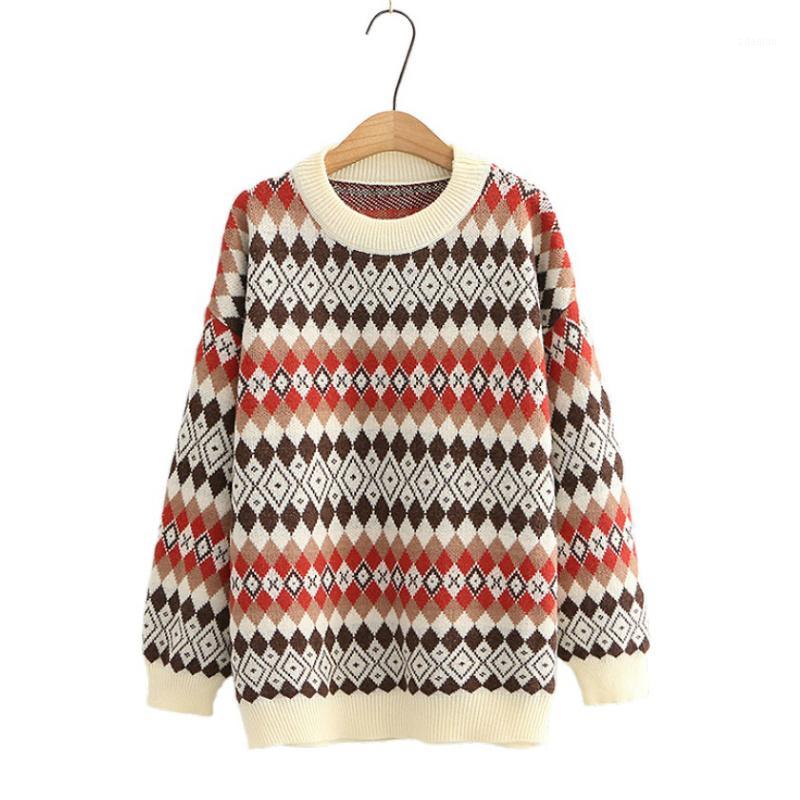 

Women Sweaters Argyle Embroidery Knitted Pullover Korean Style 2020 Autumn Winter Long Sleeve O-neck Casual Office Ladies Top1, Style 1