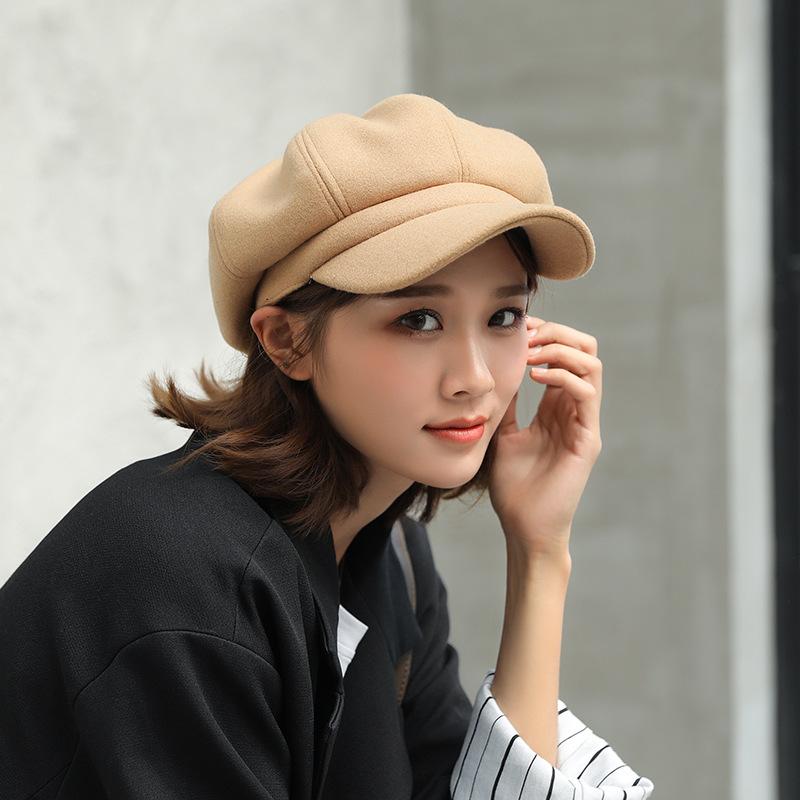 

Woolen beret Hat Autumn Winter Women Cotton Fashion Blend Solid Plain Octagonal Newsboy Cap Casual Stylish Artist Painter 2020, Black