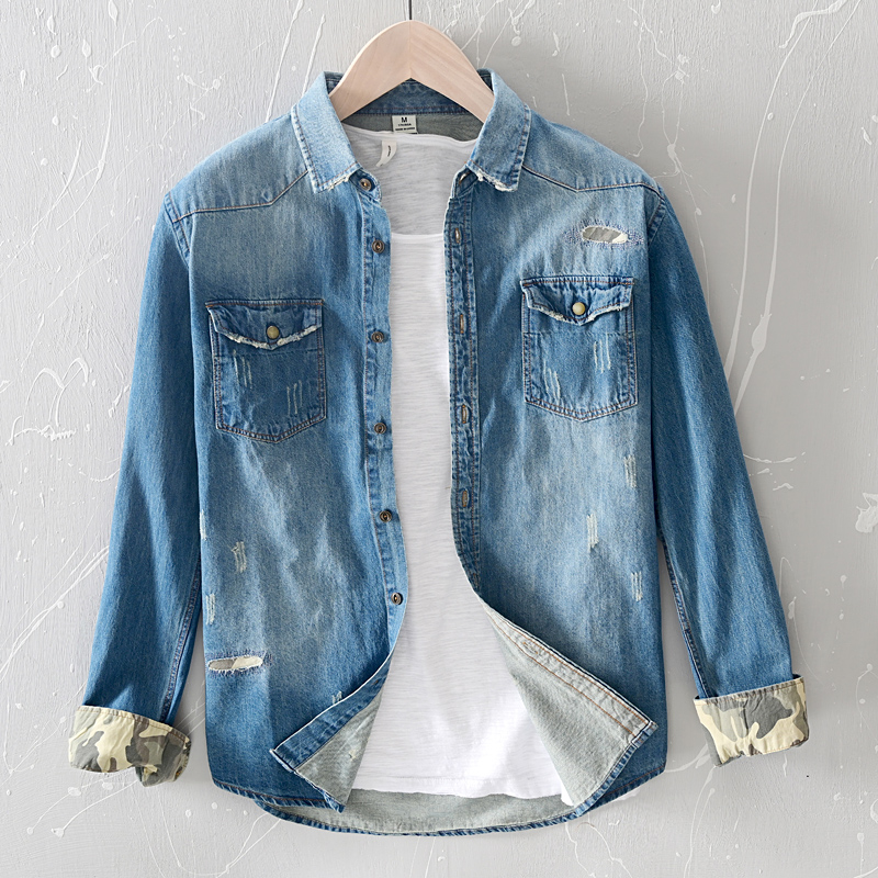 

Man Ripped Distressed Camouflage Patch Denim Shirt 100% Cotton Spring Autumn Retro Vintage Pocket Jean Casual Cowboy Shirts, Black