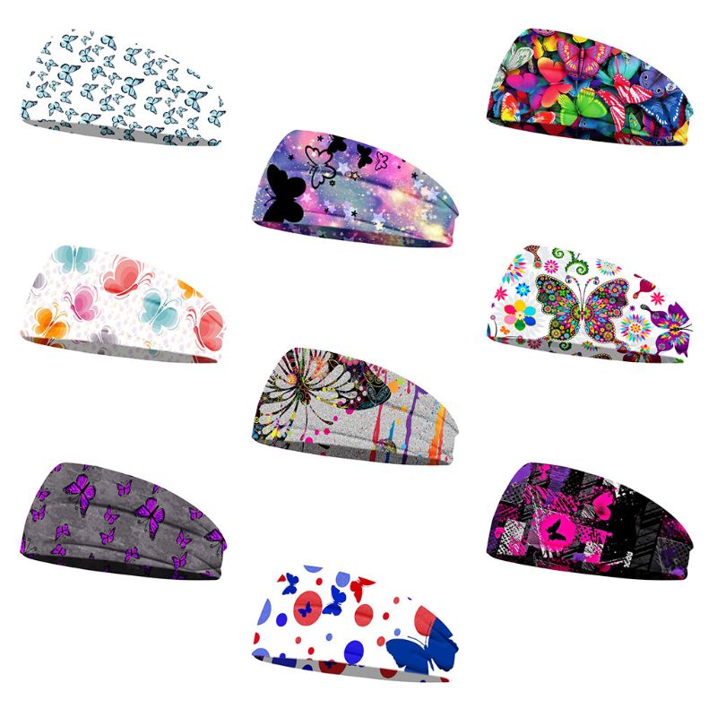 

Women Workout Yoga Wide Headband Colorful Butterfly Graffiti Print Running Hair Band Sweat Absorption Elastic Headwrap