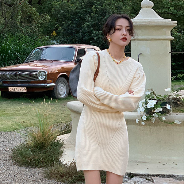 

New springtime 2021 solid colour elegant female dress loose around the neck dressed in retro-waist high fine mesh fit y230 9OJ1, Apricot