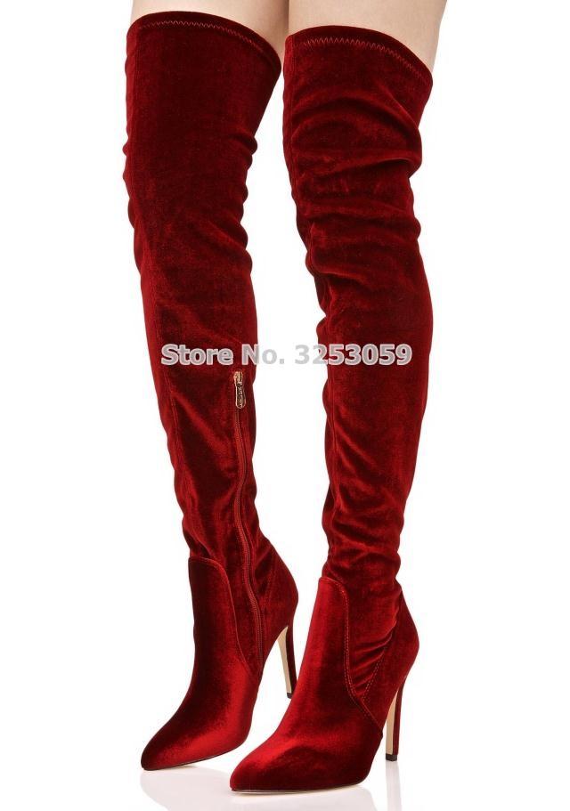 

Newest Wine Red Apricot Velvet Long Boots Gorgeous Pointed Toe Over-the-knee Long Boots Thigh High Party Nightclub, Cutomized