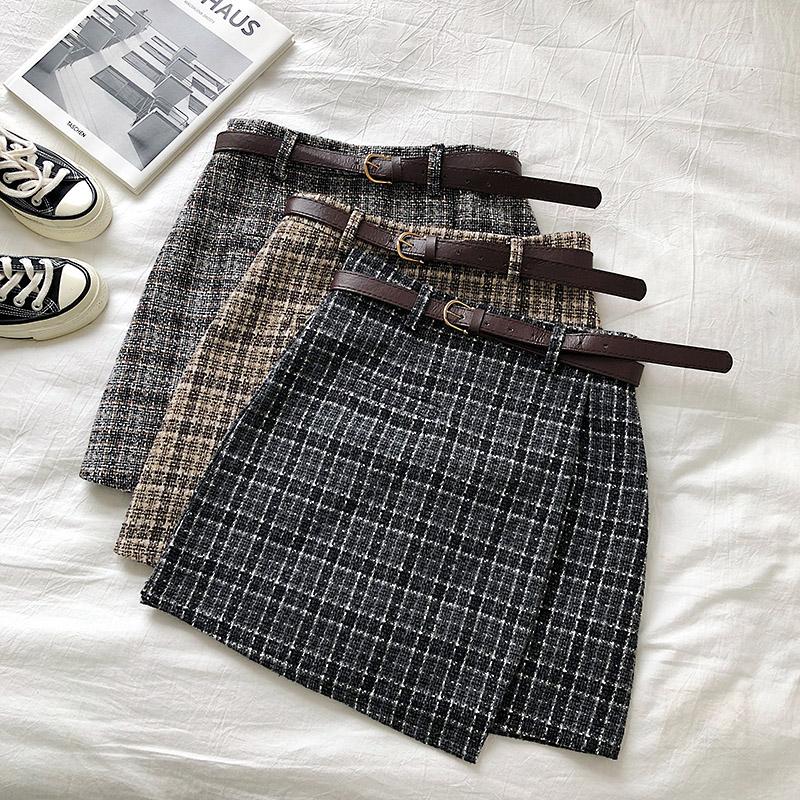 

Korean Irregular Lady Skirt Female Autumn Sweet High Waist A-line Mini Skirt Vintage Casual Women Plaid Chic Sashes, Black