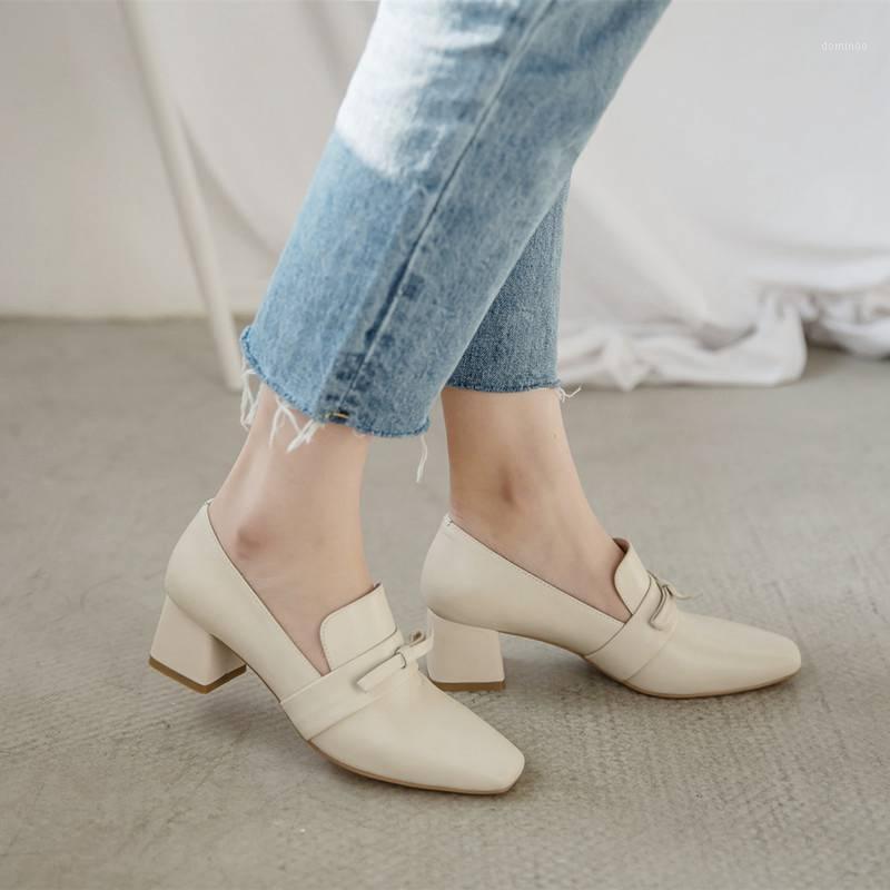 

handmade chunky heels genuine leather bowtie decoration square toe slip on concise style party dating women pumps 301, Beige