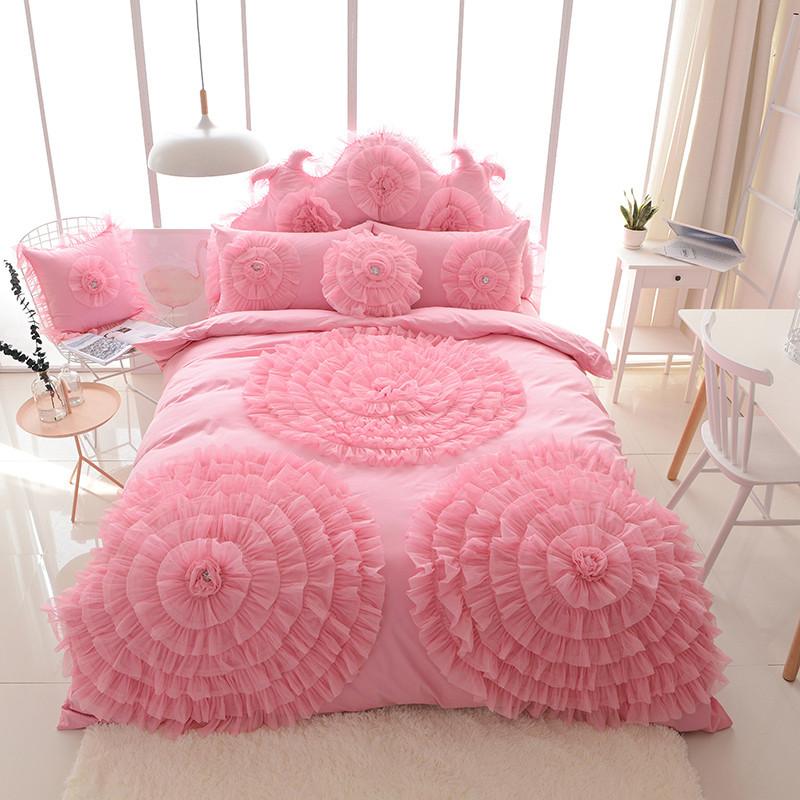 

13372 Cotton Bedlinen Princess Style Bedding Set Solid Color Pink Purple White Blue Full queen King size, Color 3 1flower