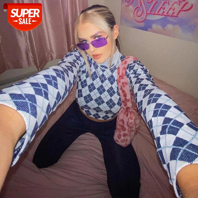 

Y2K Aesthetics Argyle Plaid Knitted Tops 2000s Vintage Turtleneck Long Sleeve Blue T-shirts E-girl Outfits Slim Top #om7o, White