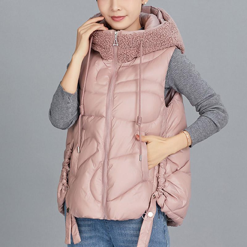 

2020 Women hooded vest jacket Autumn Winter casual padded warm Lamb wool hat solid sleeveless waistcoat jacket, Blue