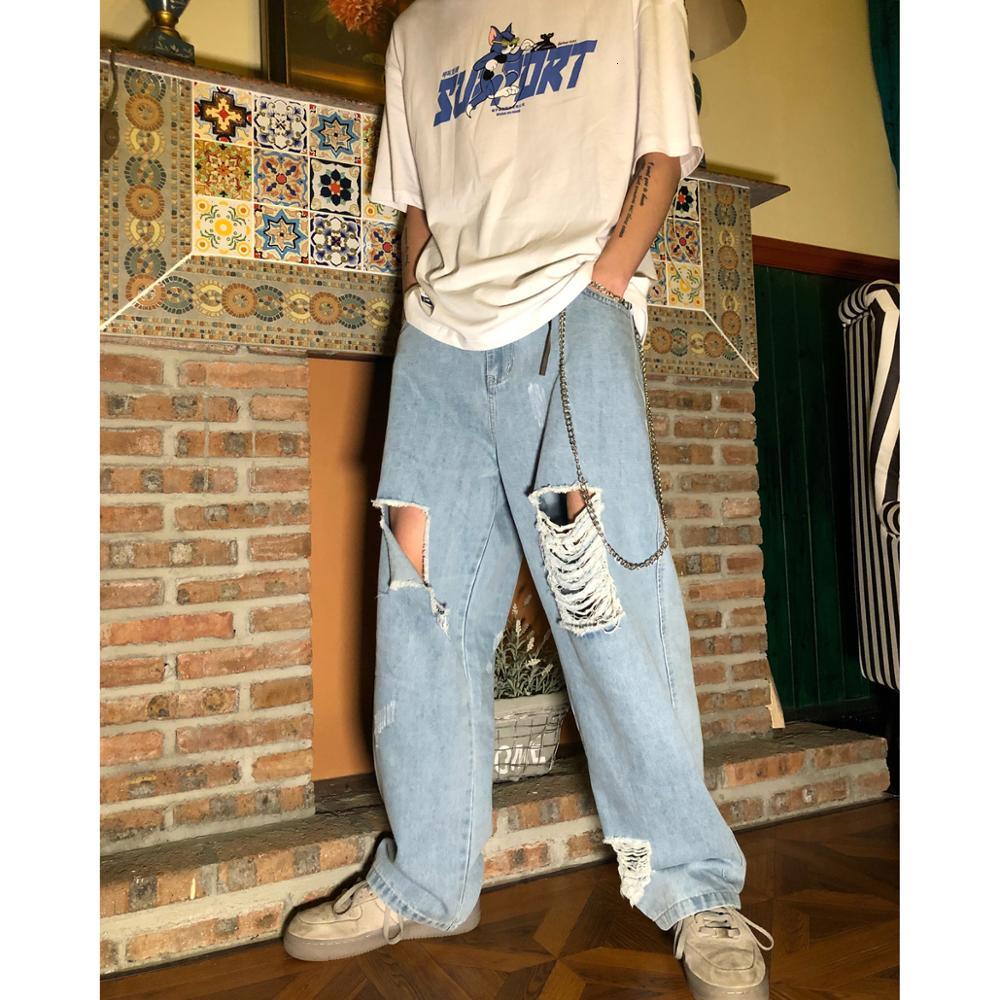 

2021 New Spring/summer Fashion Torn Design Loose Light Color Washing with Water Daddy Jeans Wide Leg J1WM, Blue
