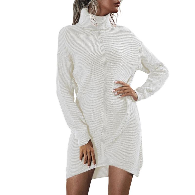 

Casual Dresses Winter Women Long Sleeve Turtleneck Solid Color Pullover Sweater Knitted Dress, Black;gray