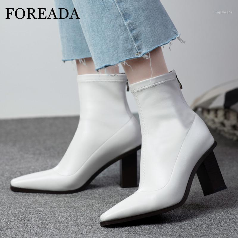 

FOREADA Pointed Toe Woman Boots High Heel Ankle Boots Chunky Heel Ladies Short Zipper Female Shoes Autumn White Black 391