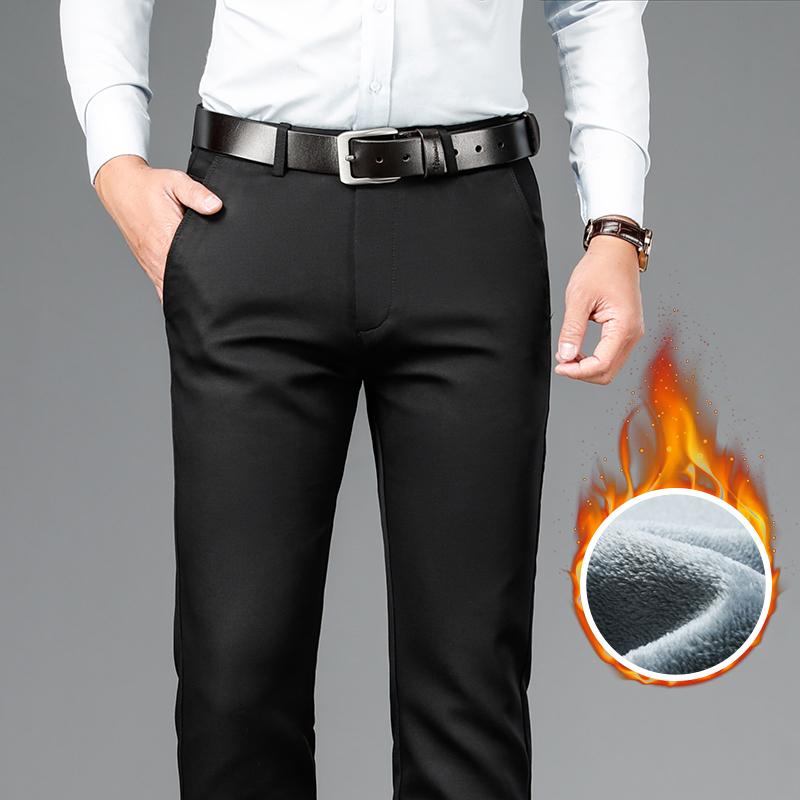 

SHAN BAO Classic Pocket Embroidery Men's Straight Slim Winter Casual Pants Fleece Thick Warm Young Gentleman Brand Pants 28-42, Black