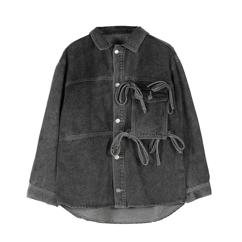 

Autumn Winter Men' Distressed Large Size Denim Jacket Loose Lapel Jacket 100% Cotton Clothes For Men High Street Vintage, Dark gray