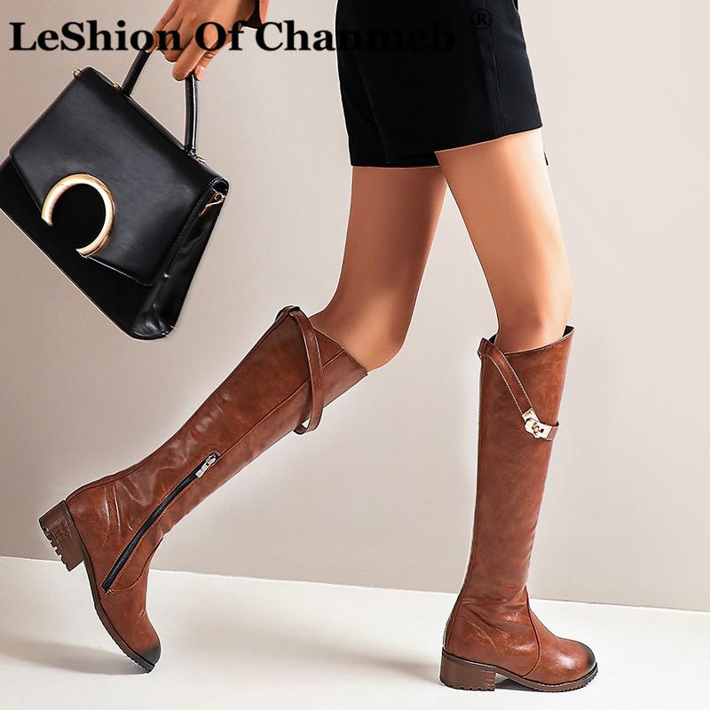

Brand Designer Lock Boots Women Retro Style Zipper Knee High Boots Autumn Winter Shoes Woman Ladies Big Size 48 Tall Combat Boot, Brown