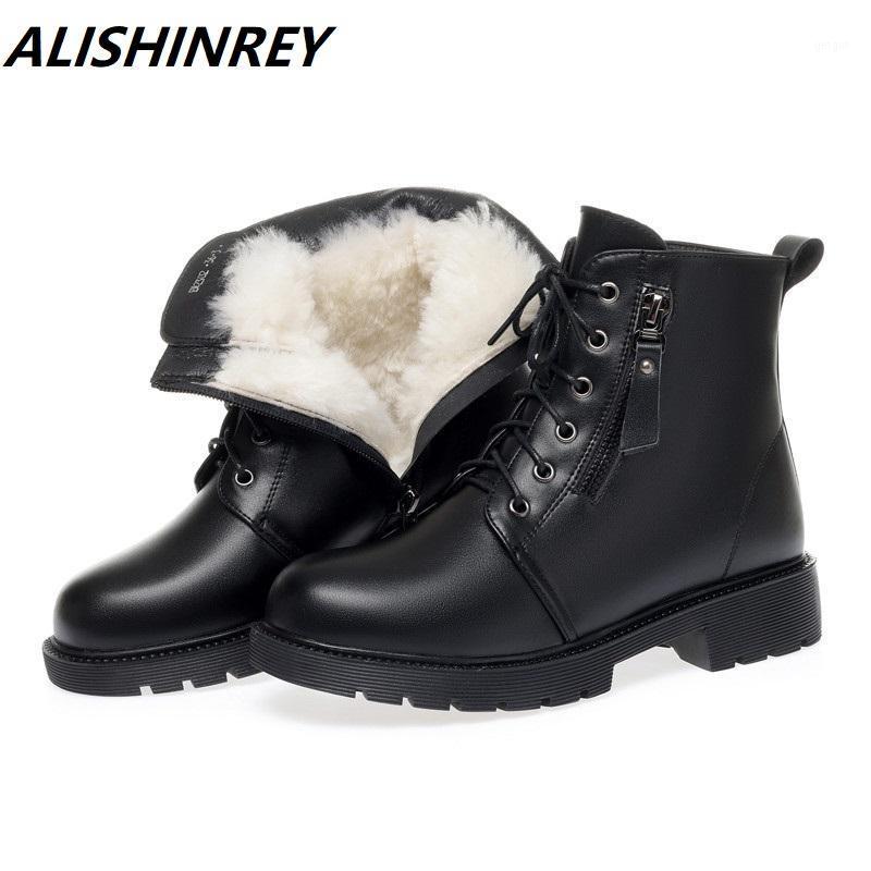 

ALISHINREY Winter Shoes 2021New Women's Genuine Leather Ankle Boots Wool Warm Woman Snow Boots Big Size High Heels Ladies Shoes1, Black plush