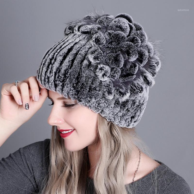 

New Winter Women Fur Hat Knitted Rex Fur Caps with Flowers Striped Beanies Fashion Women Casual Hats1, As picture
