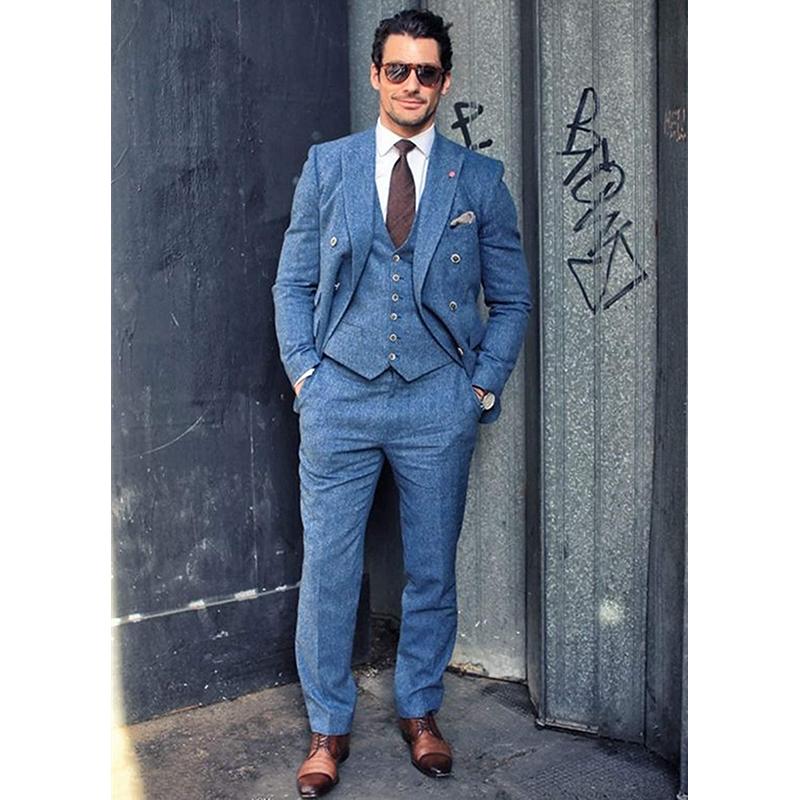 

Men's Slim Fit Suits Vintage Business Blazer Sets Formal Groom 3 Pieces Jacket Vest and Pants One Button Tuxedo, Blue