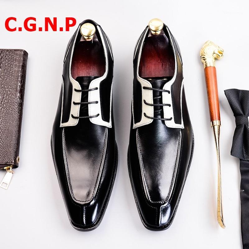 

C.G.N.P Luxury Mens Shoes Genuine Leather Contrast Color Men Dress Shoes Lace-up Suits Man Handmade Formal Men1, As picture