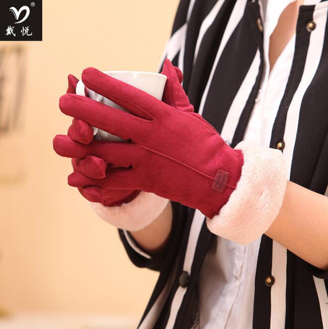 

Suede ladies gloves thickened plus velvet warm index finger touch screen adult gloves