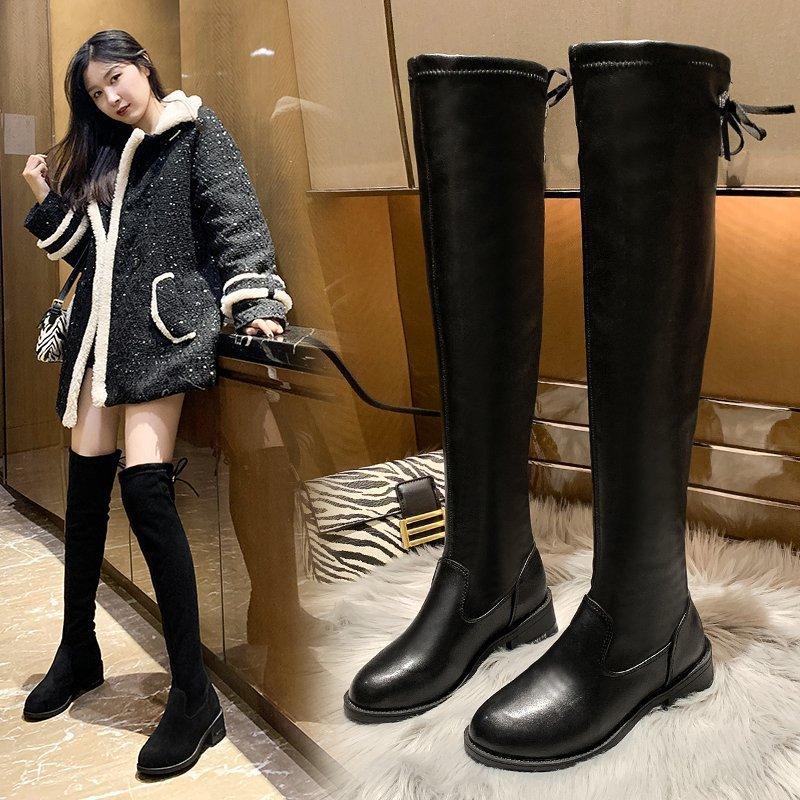 

2020 Ladies High Boots Solid Color PU High Heel Women's Shoes Black Stovepipe Over The Knee Boots Warm and Velvet Women's, Black leather