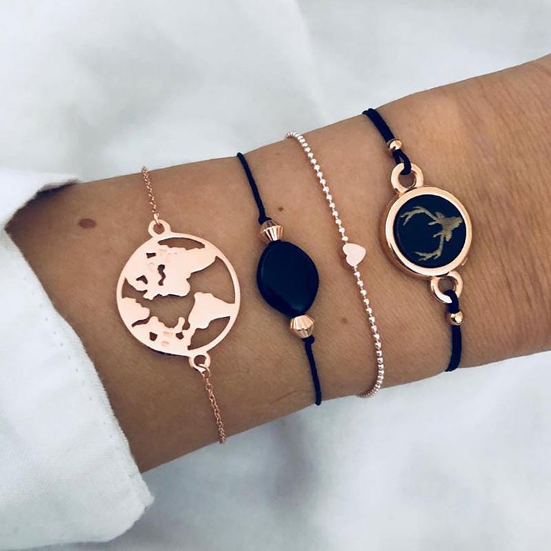 

DIEZI Summer Black Rope Chain Bracelets Bangles For Women Heart Ocean Map Charm Bracelets Sets Jewelry Gifts New Vintage