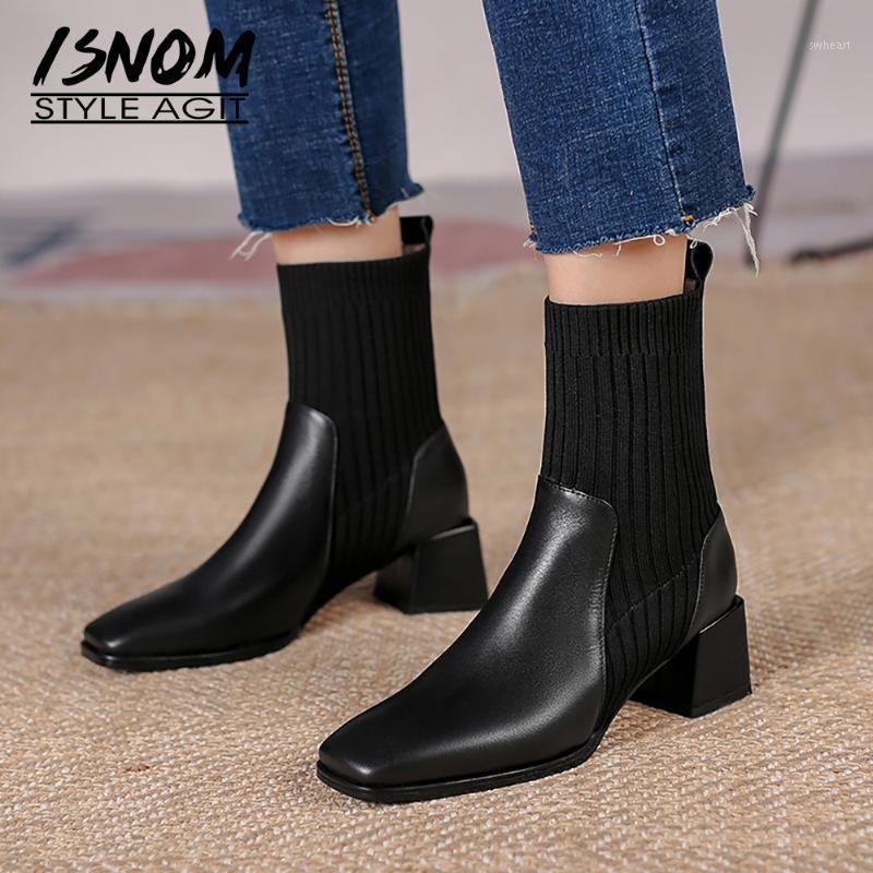 

ISNOM Women Genuine Leather Sock Boots Round Toe Stretch Boots Chunky Heel Fashion Skid Proof Booties Ladies Winter 20201, Black