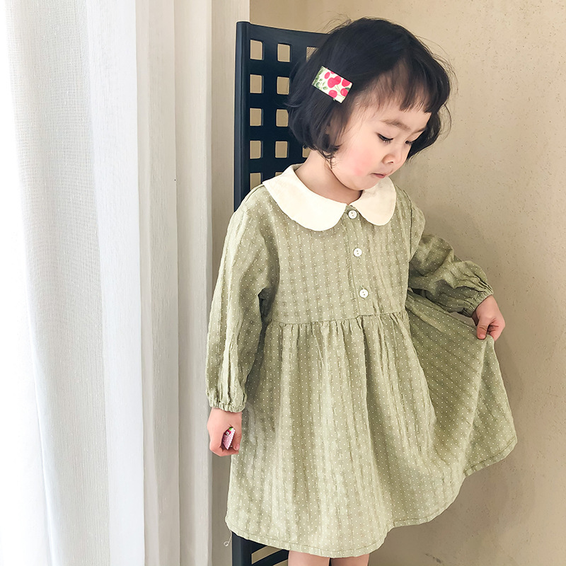 

2021 Spring New Baby Long Sleeve Dot Print Princess Peter Pan Collar Kids Cotton Casual Es Girls Clothes P7j7, 21072green