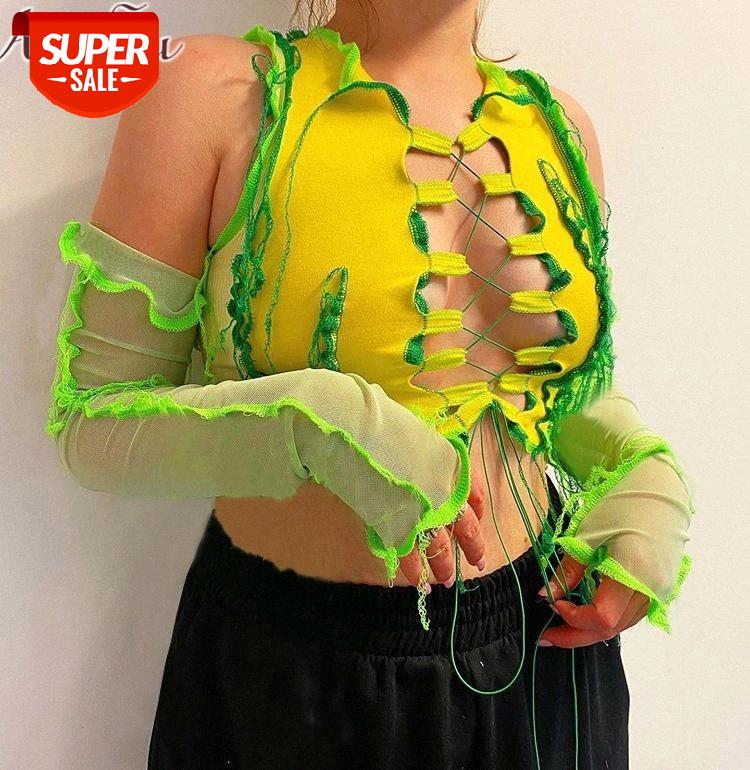 

ArtSu 2020 Mesh See-Through Patchwork Cut Out Bandage Sexy Crop Top Autumn Winter Women Fashion Tshirt Club Tees TS52418 #Qj0M, White