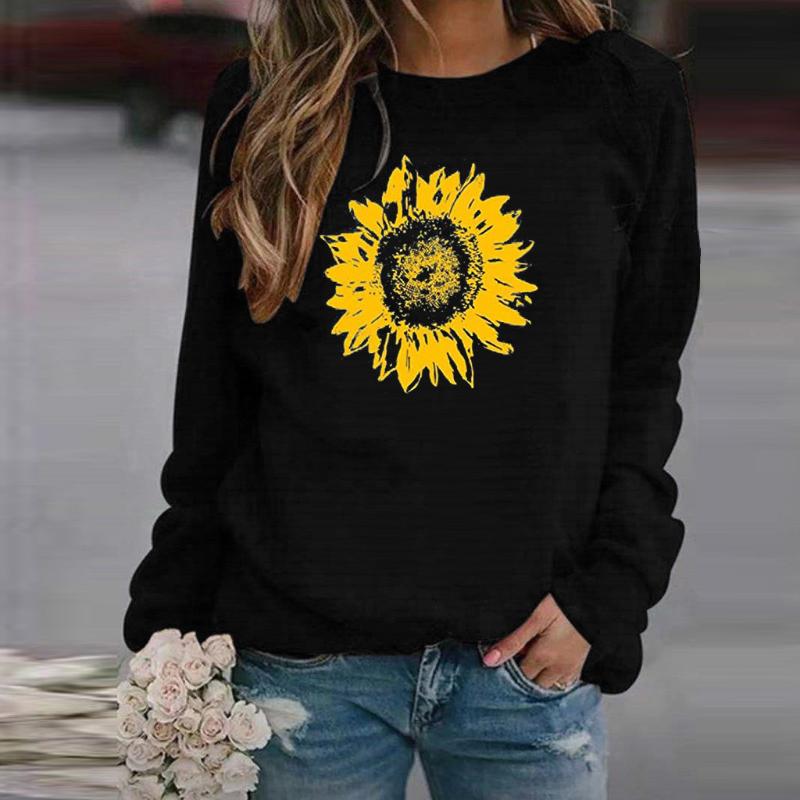 

#R40 Sunflower Print Blouse Women O Neck Long Sleeve Casual Loose Pullover Tops Shirt Women Autumn Black Blouses Female