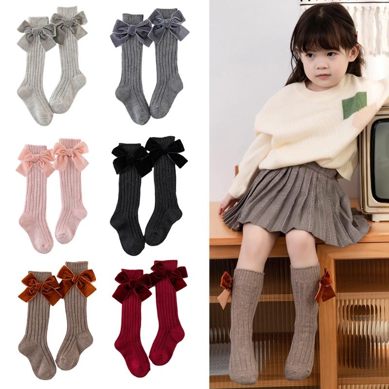 

Kids Baby Girls Chunky Ribbed Knit Knee High Socks Solid Color Cute Velvet Bowknot Princess Cotton Warm Long Stockings, Kh