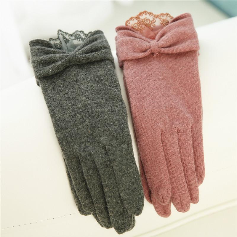 

2020 Winter Women Knitted Wool Gloves Single Layer Wrist Lace Elegant Bowknot Five Fingers Thermal Lady Glove T117